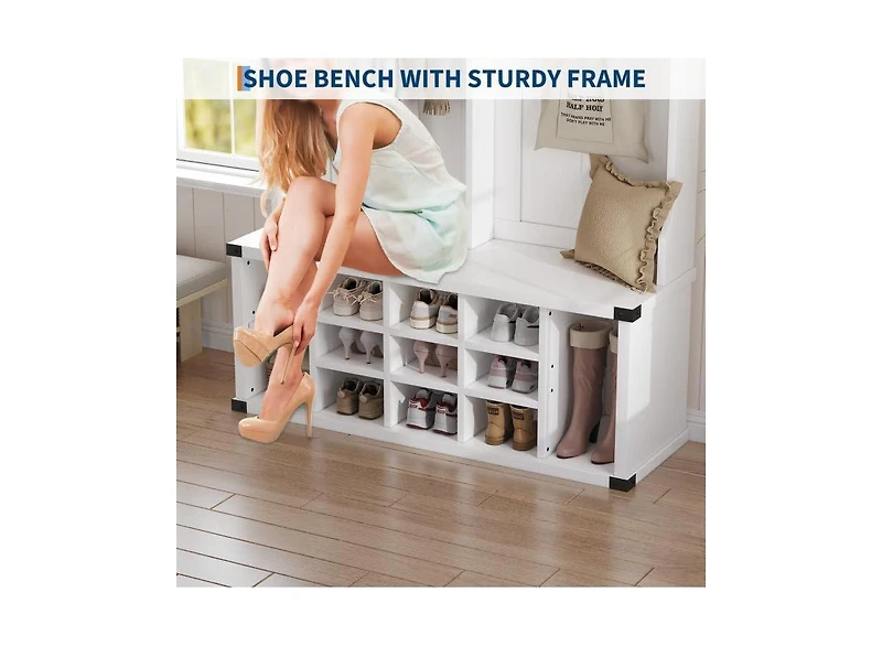 gaomon Hall Tree with Bench and Shoe Storage, Tall Farmhouse Entryway Coat Rack with Adjustable Shelf, White