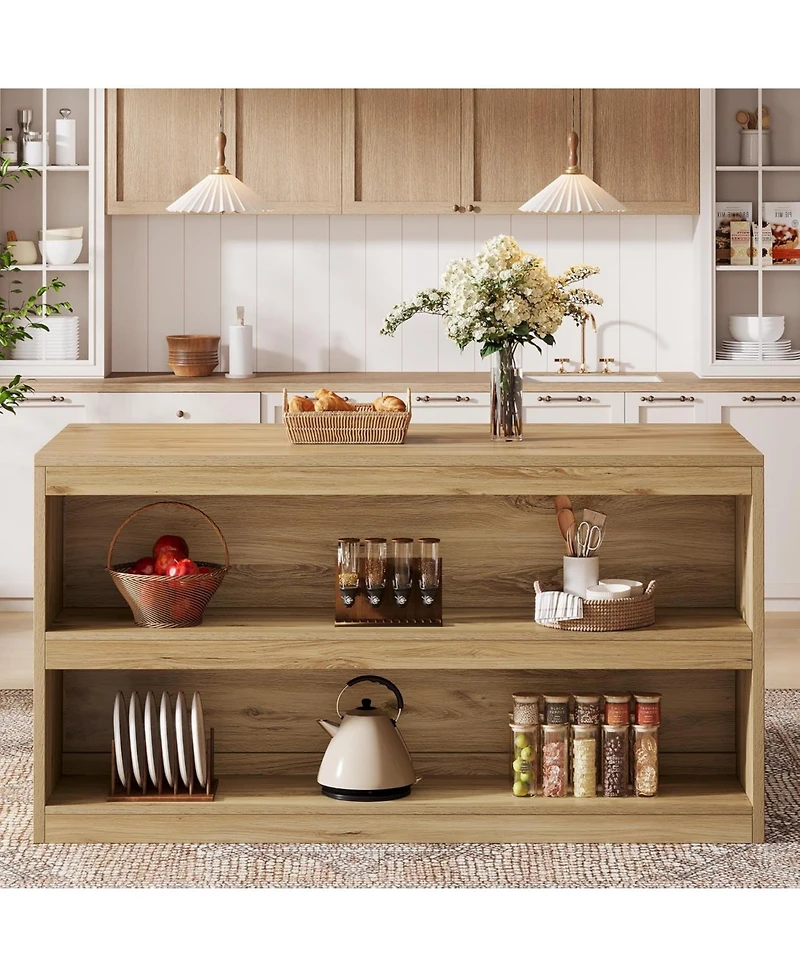 Tribesigns 59-Inch Kitchen Island with Storage, 3-Tier Farmhouse Stationary Island Table with Large Worktop & Seating Area, Breakfast Counter