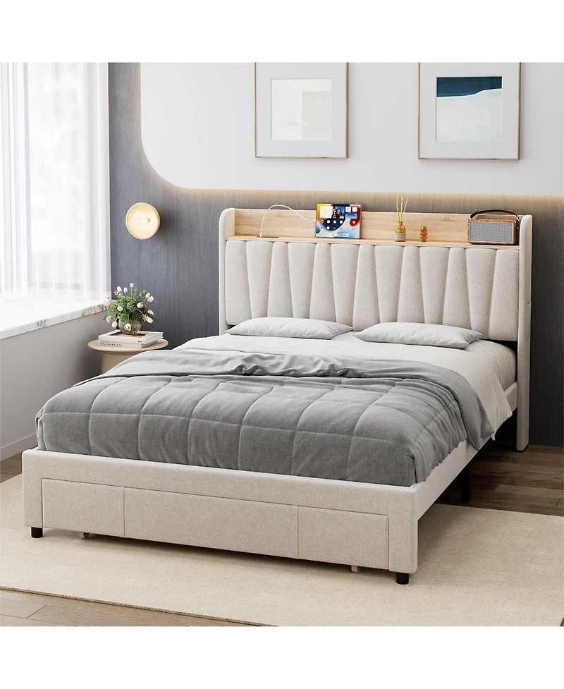 gaomon Upholstered Bed Frame with Storage Headboard and Charging Station, Platform Bed Frame with Drawers, Heavy Duty