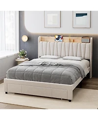 gaomon Upholstered Bed Frame with Storage Headboard and Charging Station, Platform Bed Frame with Drawers, Heavy Duty