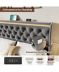 Gaomon Led Platform Bed Frame with Charging Station, Velvet Upholstered Bed Frame with Button Wingback Headboard, No Box Spring Needed