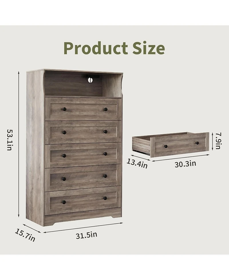 gaomon -Drawer Wooden Dresser with Led Lights & Charging Station