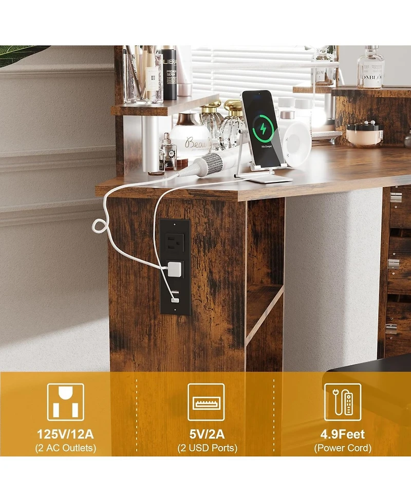 Gaomon Corner Makeup Vanity Desk with Lights and Power Outlet, Rotating Drawers and Adjustable Shelves