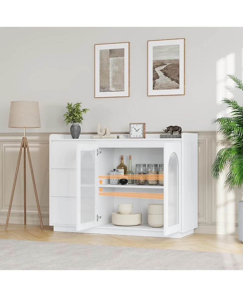 gaomon Sideboard Buffet Cabinet with Glass Door, Modern Storage Cabinet with Led Lights, Drawers and Adjustable Shelves