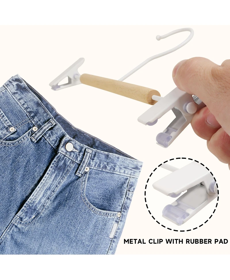 BP4U 12-Pack Metal Pants Hangers with Adjustable Clips, Premium Beech Wood Skirt Bottom for Trousers, Jeans, Shorts, Socks
