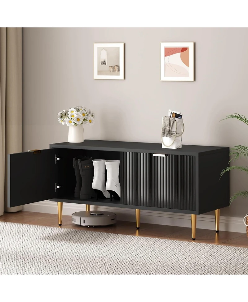 gaomon Shoe Storage Cabinet, Fluted Entryway Bench with 2 Doors for Hallway & Living Room