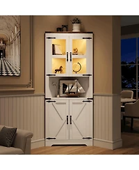 gaomon 67" Tall Corner Storage Cabinet with Lights, Farmhouse Wooden Corner Hutch with Glass Doors