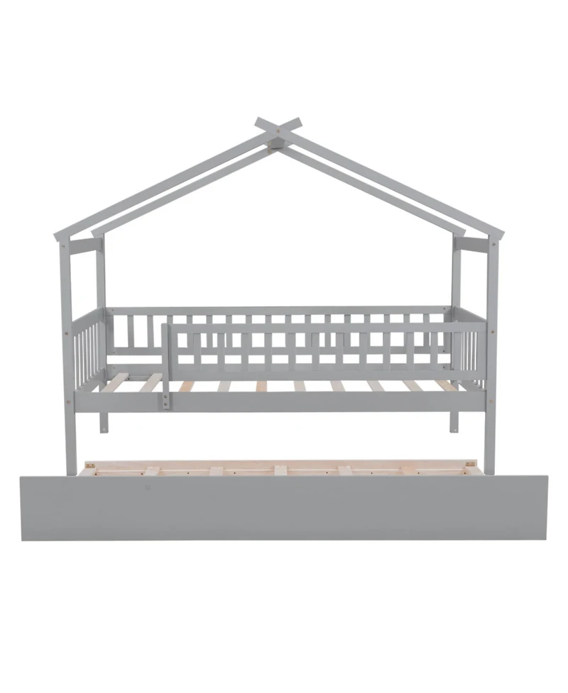 Simplie Fun Twin Wooden House Bed With Trundle, Walnut