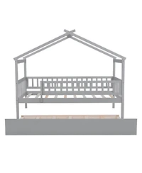 Simplie Fun Twin Wooden House Bed With Trundle, Walnut