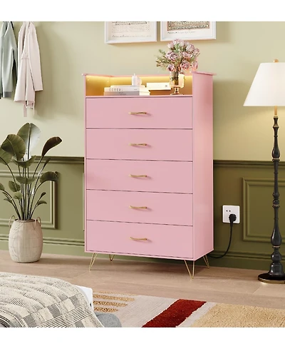 gaomon Tall 5-Drawer Dresser with Rgb Lights & Charging Station, App-Controlled Led Wooden Chest for Bedroom, Pink