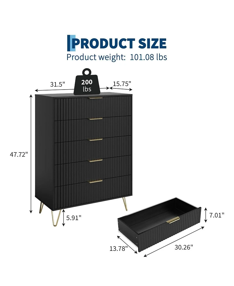 gaomon Fluted 5-Drawer Dresser for Bedroom, 32" Wide Modern Wooden Chest of Drawers