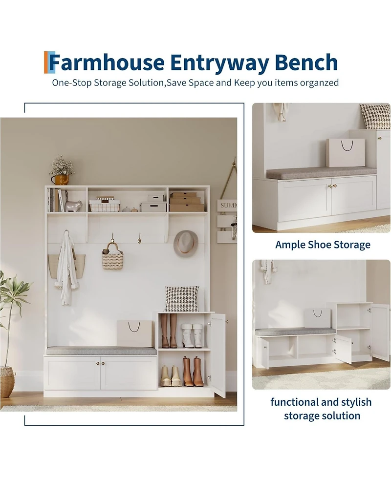 gaomon 78" Entryway Hall Tree with Bench and Storage, 3-in-1 Hall Tree with 4 Hanging Hooks, 3 Open Compartments & Adjustable Shelf