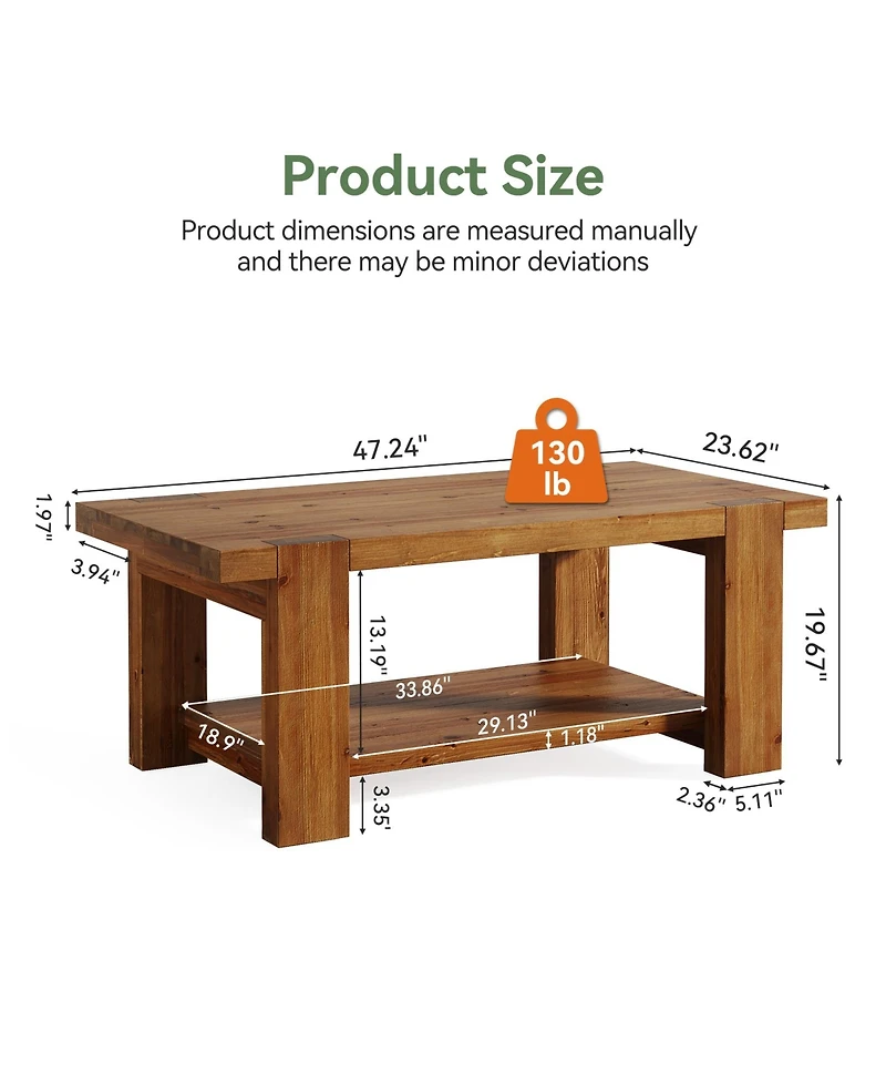 Tribesigns Solid Wood Coffee Table with 2-Tier Storage Shelf, 47.2" Farmhouse Rectangle Center Table Furniture for Living Room, Apartment, Office