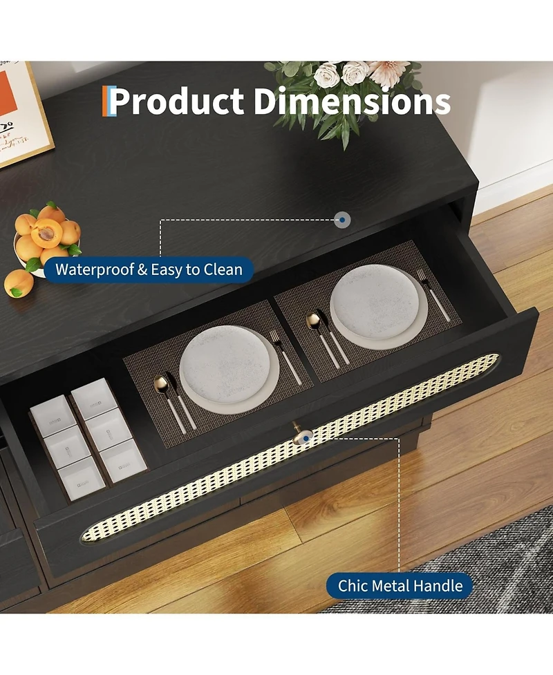 gaomon 60" Rattan Sideboard Cabinet with Adjustable Shelves, Buffet with 2 Drawers and 4 Rattan Doors for Dining Room