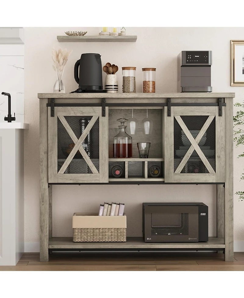 gaomon Farmhouse Coffee Bar Cabinet with Sliding Barn Doors, Wine Rack and Open Storage Shelf for Kitchen and Dining Room