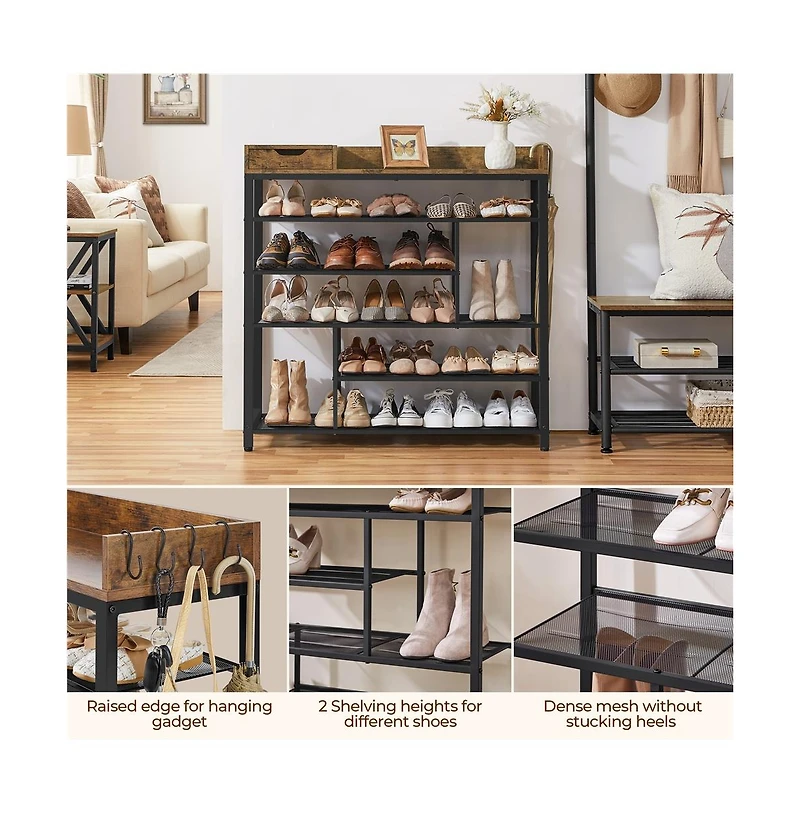 Modern Industrial Free-Standing 6-Layer Shoe Rack with Drawer
