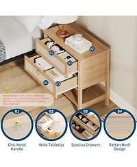 gaomon Rattan Nightstand Set of 2, Boho Bedside Tables with 2 Rattan Drawers & Large Storage