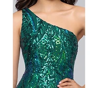 Blondie Nites Juniors' Sequin One-Shoulder Side-Slit Gown