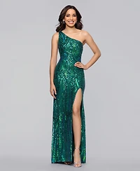 Blondie Nites Juniors' Sequin One-Shoulder Side-Slit Gown