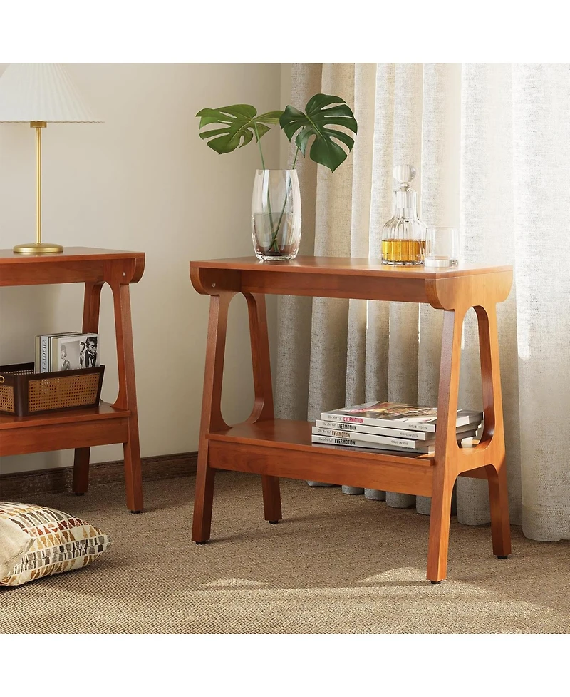 Tribesigns Solid Wood End Table with Storage Shelf, Narrow 2-Tier Side Table for Small Spaces, Sofa Couch Table, Tall Nightstand