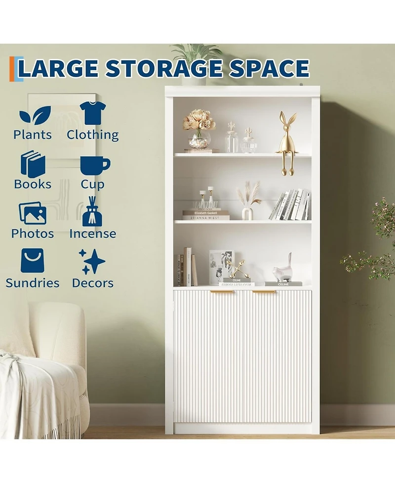 gaomon “5-Tier White Bookcase with Cabinet & Adjustable Shelf, Mid-Century Modern Design”