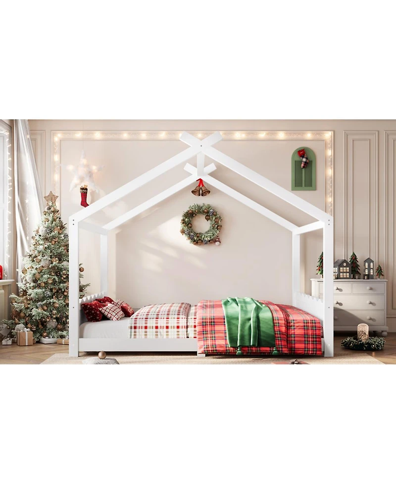 Streamdale Furniture Queen House Floor Bed with Slats, Solid Wood Frame for Kids