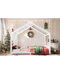 Streamdale Furniture Queen House Floor Bed with Slats, Solid Wood Frame for Kids