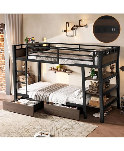Streamdale Furniture Twin Size Metal Bunk Bed with Storage, Led, and Usb