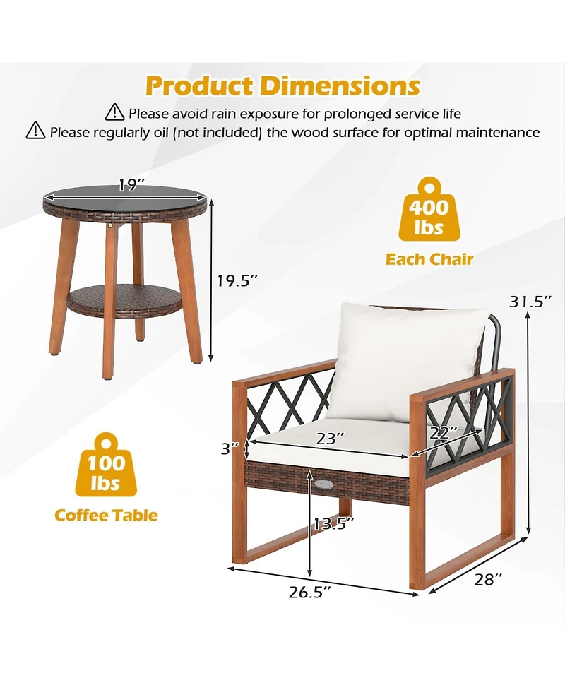 Slickblue 3 Piece Patio Seating Set with Soft Cushions and Glass Top Table