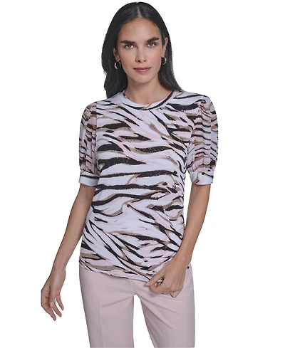 Calvin Klein Petite Puff-Sleeve Mixed Media Top