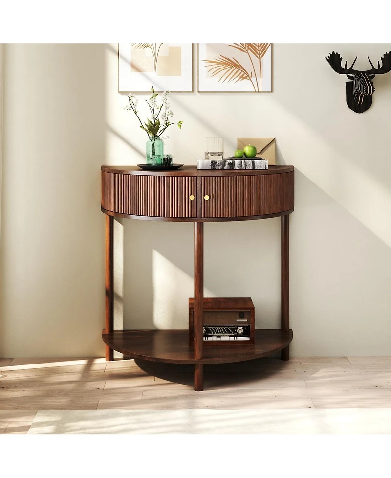 Streamdale Furniture Artisan Wave-Pattern Demi-Lune Console Table, Woodgrain, 2 Drawers