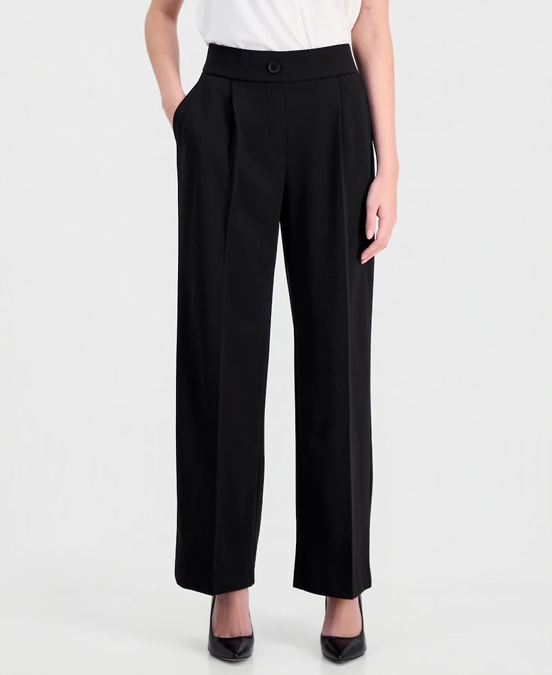 Anne Klein Essentials Petite Pleated Faux-Fly Pull-On Pants