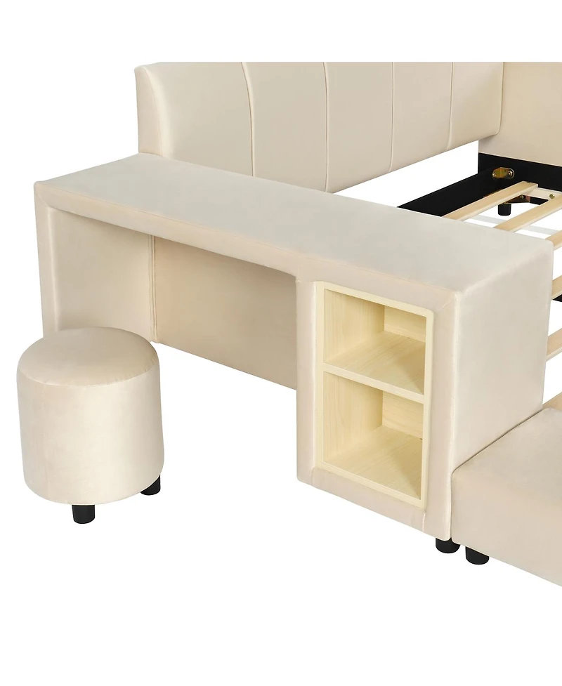 Streamdale Furniture Full Size Upholstered Grounded Bed with Bedside Desk & Stool, Beige