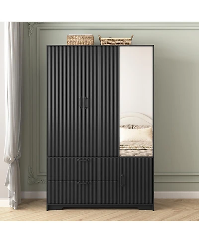 Streamdale 4-Door Wardrobe with Mirror, Led, 2 Drawers, Black