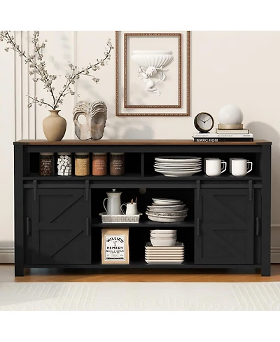 Streamdale Furniture 59.3" Farmhouse Barn Door Sideboard with Mesh Panels and Open Storage