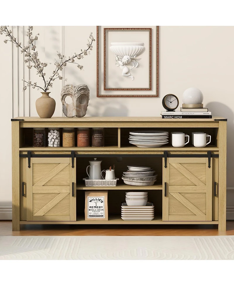 Streamdale Furniture 59.3" Farmhouse Barn Door Sideboard with Mesh Panels and Open Storage
