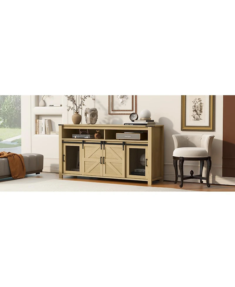 Streamdale Furniture 59.3" Farmhouse Barn Door Sideboard with Mesh Panels and Open Storage