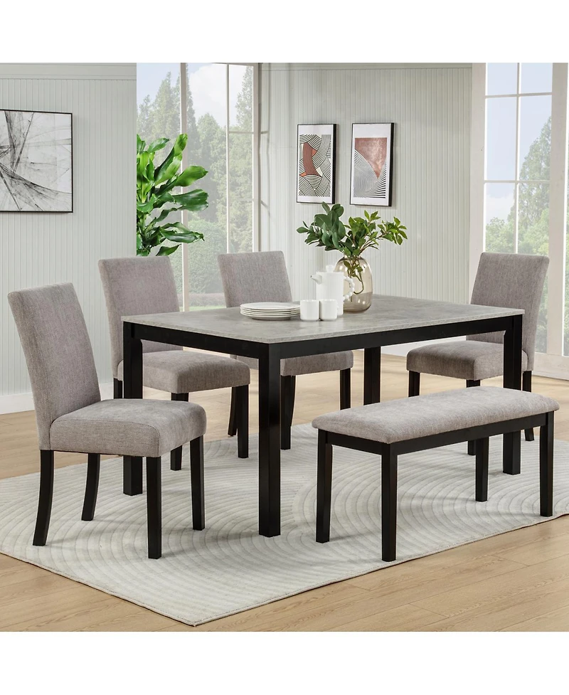 Streamdale Furniture 6-Piece Dining Table Set with Bench, Solid Wood Kitchen Table, Gray & Black