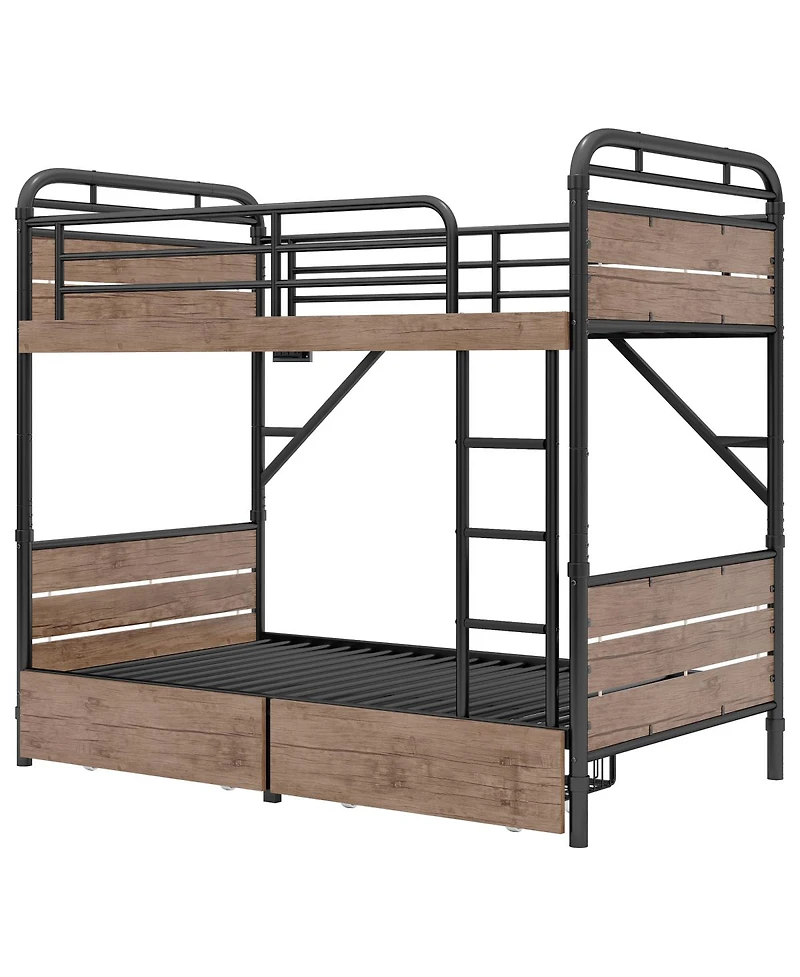 Streamdale Furniture Twin Xl over Twin Xl Metal Bunk Bed with Led & Charge Station, 2 Drawers