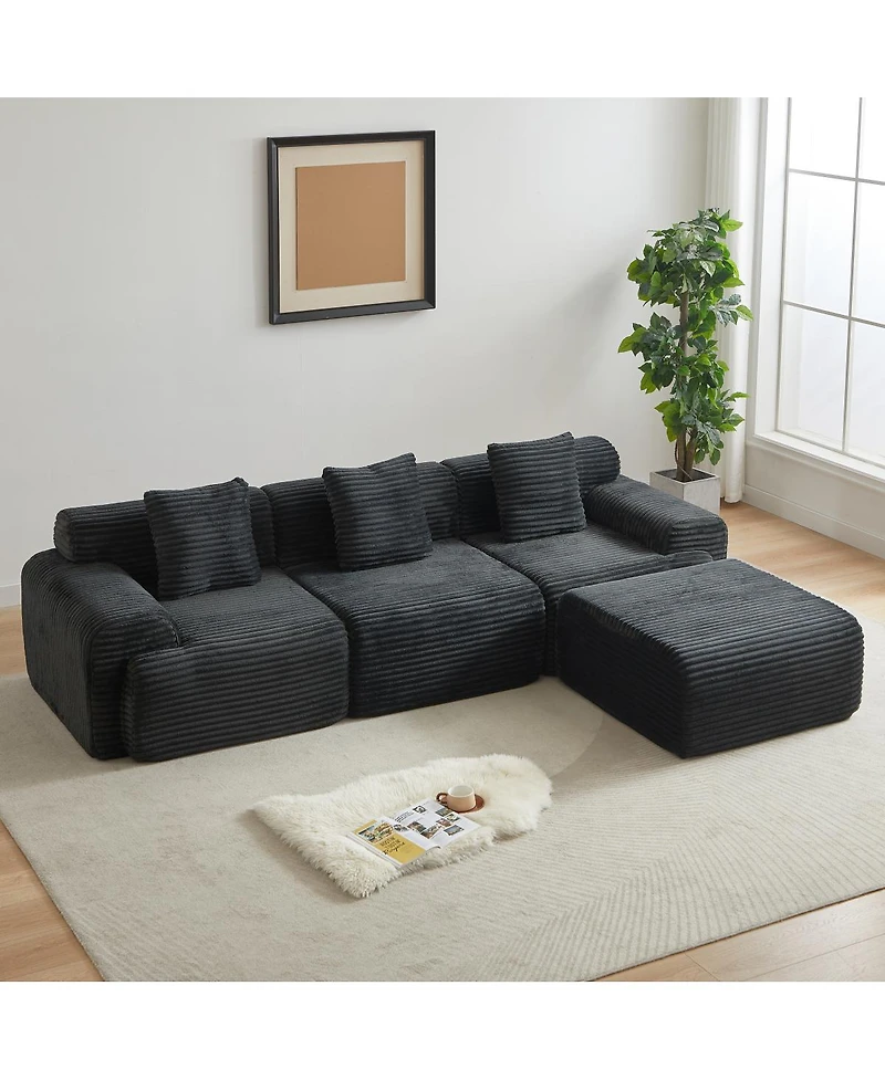 Streamdale 114-inch Corduroy Modular Sofa with Inlaid Design, 3 Pillows, Wider Backrest, 4 Modules.
