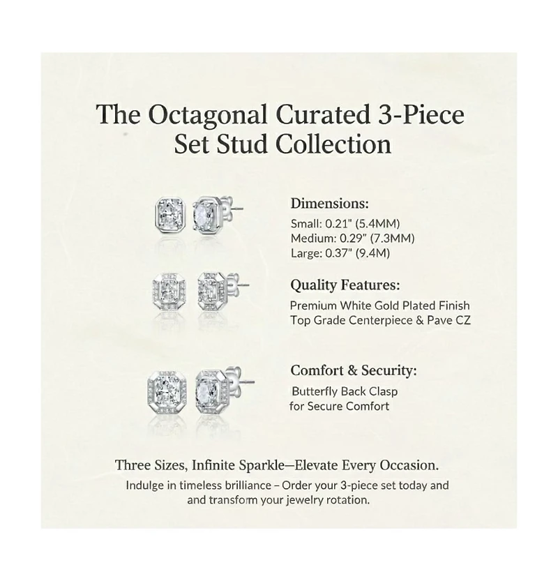 Genevive Timeless White Gold Plated Cz Octagonal 3-Piece Set Earrings
