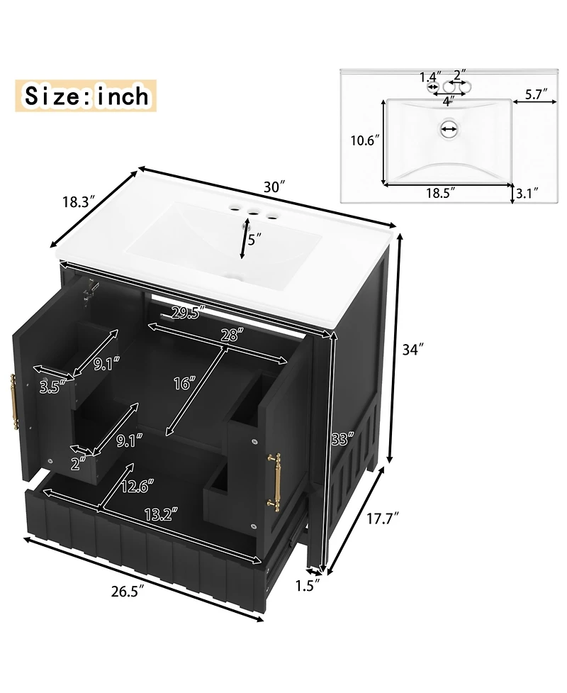 Cesicia 30 in. Bathroom Vanity with Sink, Multi-functional Cabinet Doors, Storage Shelves and Drawers
