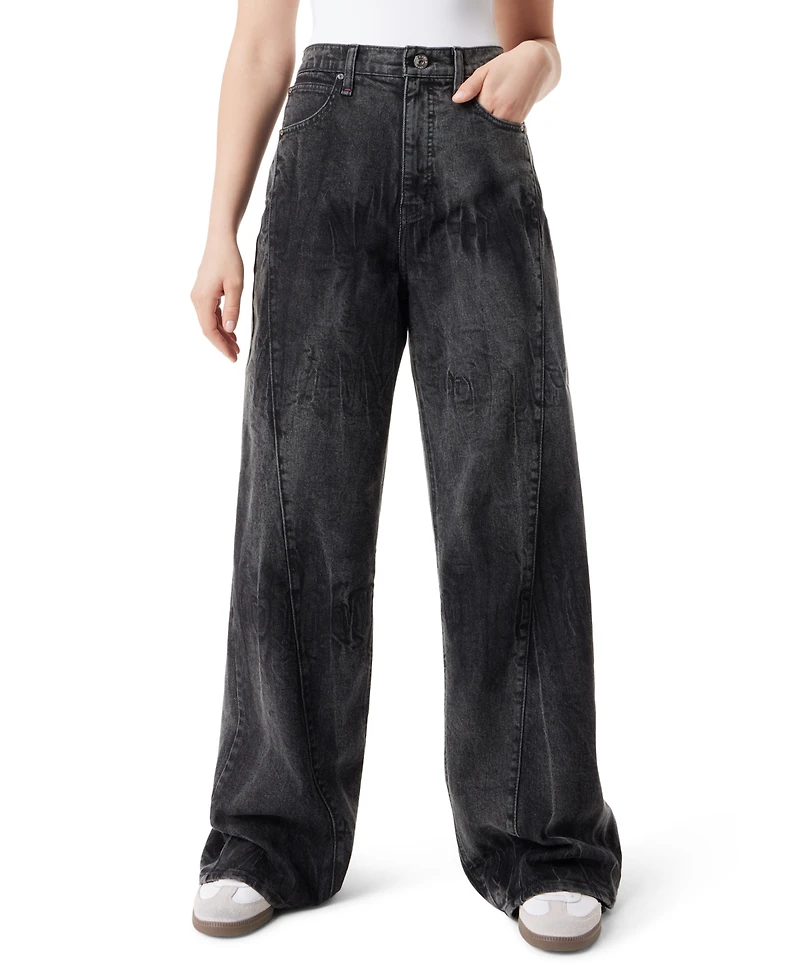 Frayed Juniors' Wide-Leg High Waist Seamed Jeans