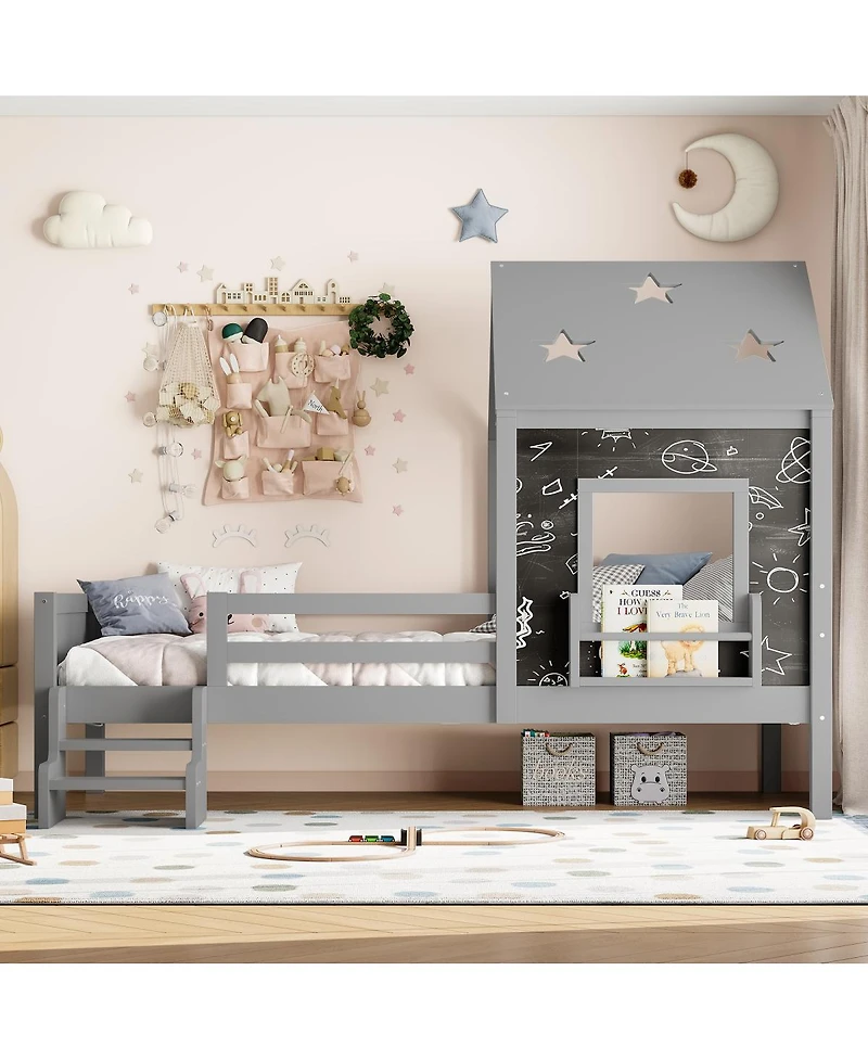 Streamdale Furniture Twin House Bed with Stairs, Window, Bookcase, Blackboard, Star Roof