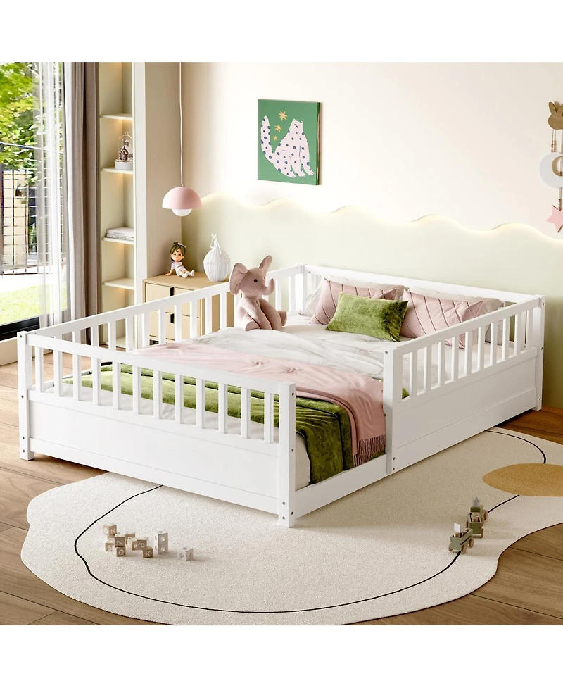 Streamdale Furniture Montessori Wooden Floor Bed with Security Barrier and Door, White