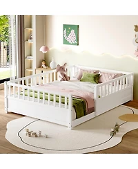 Streamdale Furniture Montessori Wooden Floor Bed with Security Barrier and Door, White