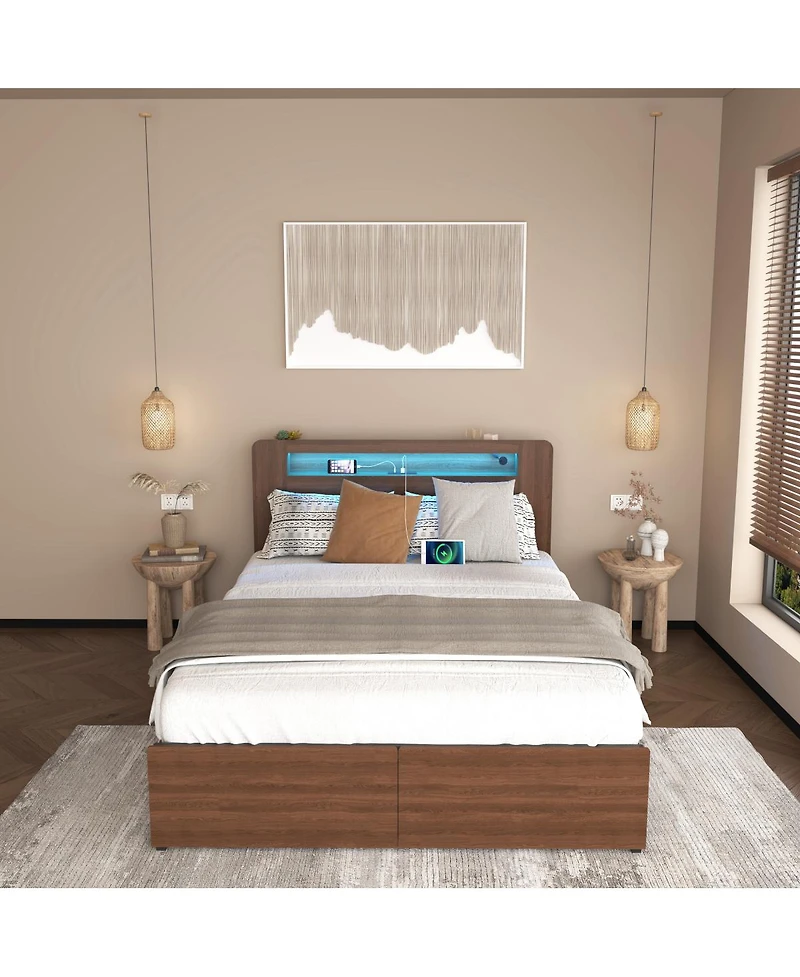 Streamdale Furniture Wooden Queen Farmhouse Bed Frame with Bookcase, Storage Drawers & Led Headboard