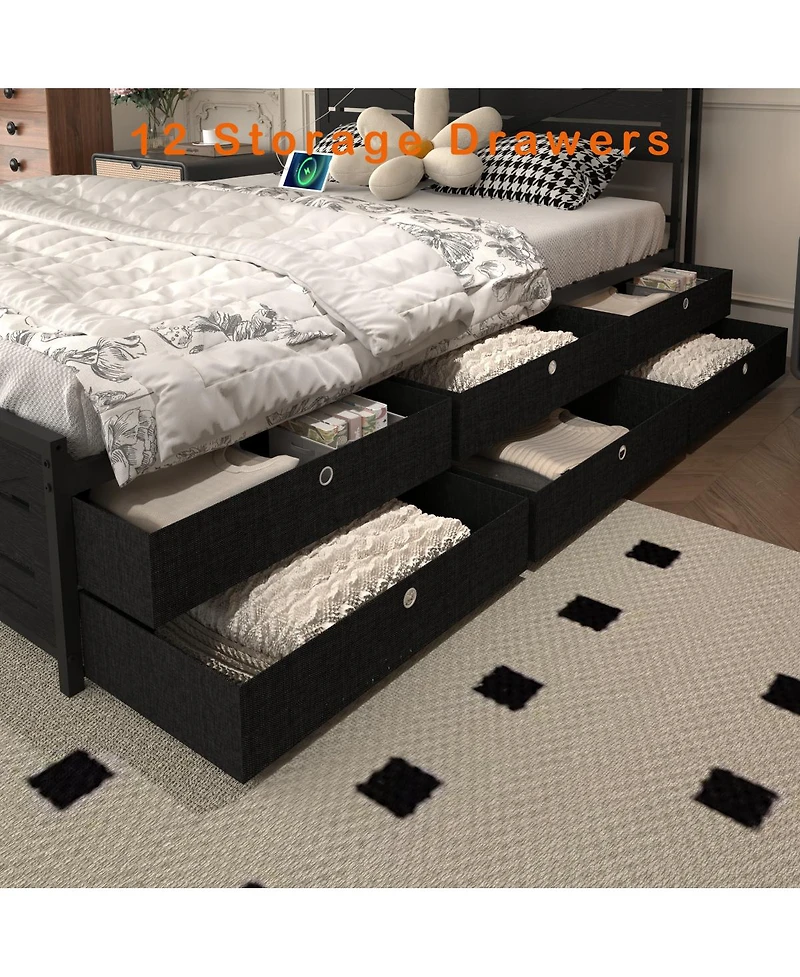 Streamdale Furniture Queen-size bed frame with storage headboard, 12 drawers, Led lights, Black.