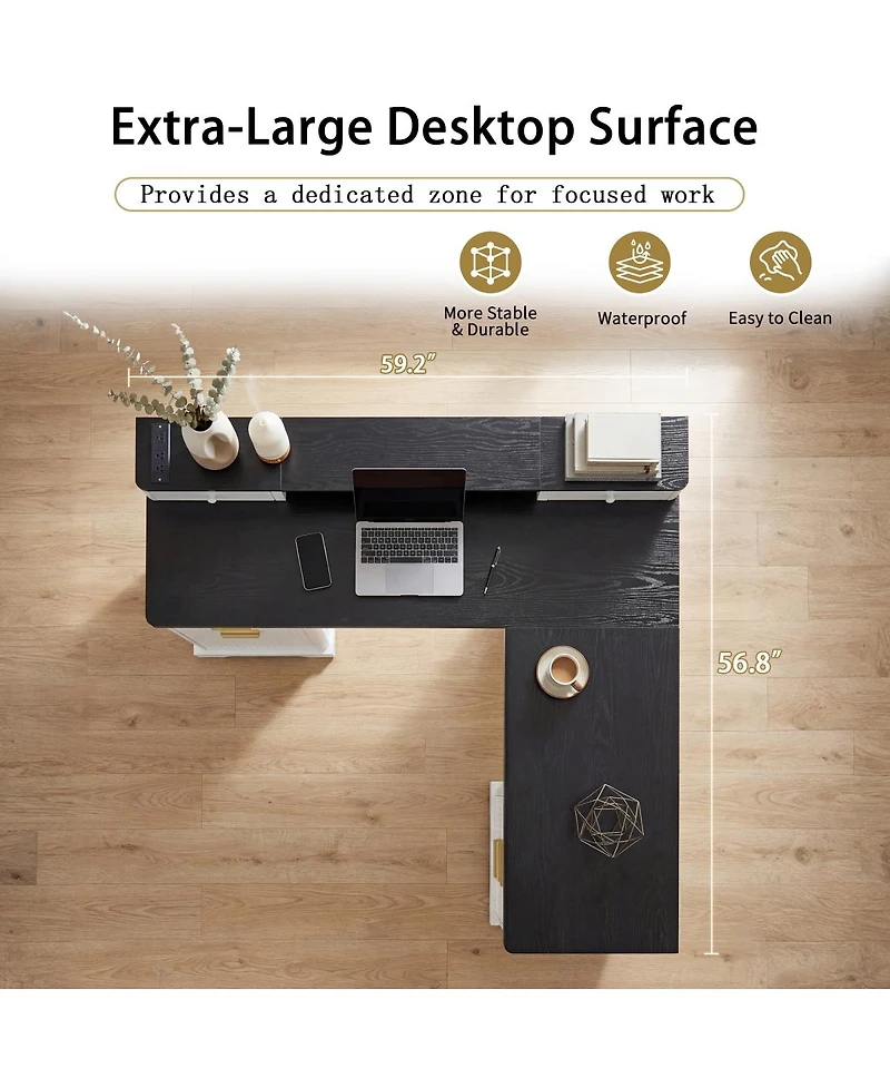 Streamdale Furniture Modern Fluted L-Shaped Desk with Charging Station & Storage