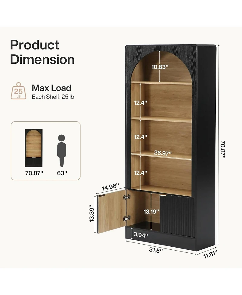 Tribesigns 71" Tall Bookcase, 5-Tier Arched Black Bookshelf with Storage Cabinet and Fluted Doors, Modern Farmhouse Standing Wood Bookshelves